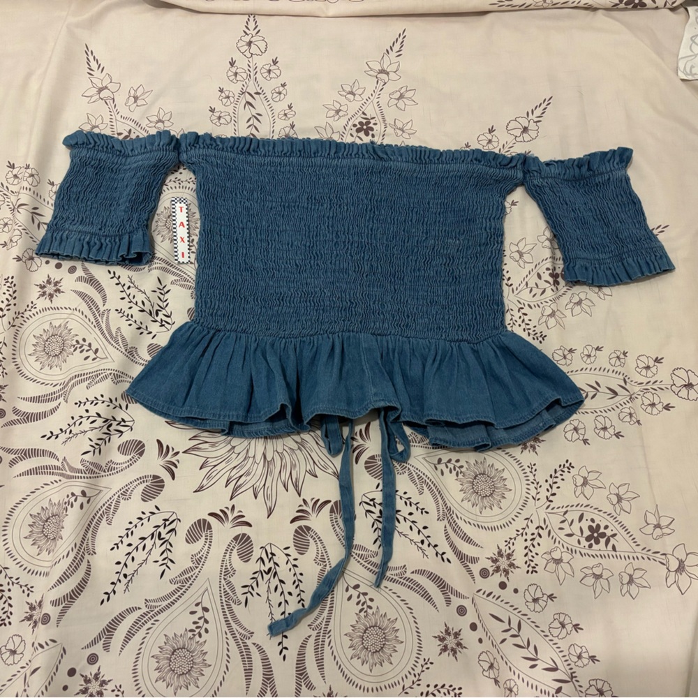 TAXI Denim Off-Shoulder Smocked Top